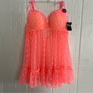 Polka Dot Orange Babydoll Lingerie Large Built in Bra